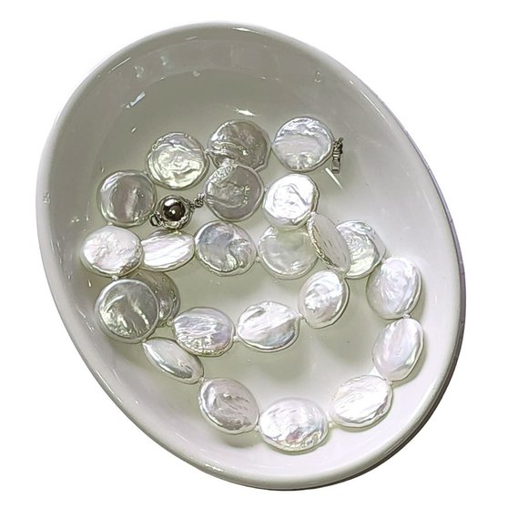 White‎ Coin Cultured Freshwater Pearl Necklace And Earring Set 925S Clasp - Picture 9 of 16